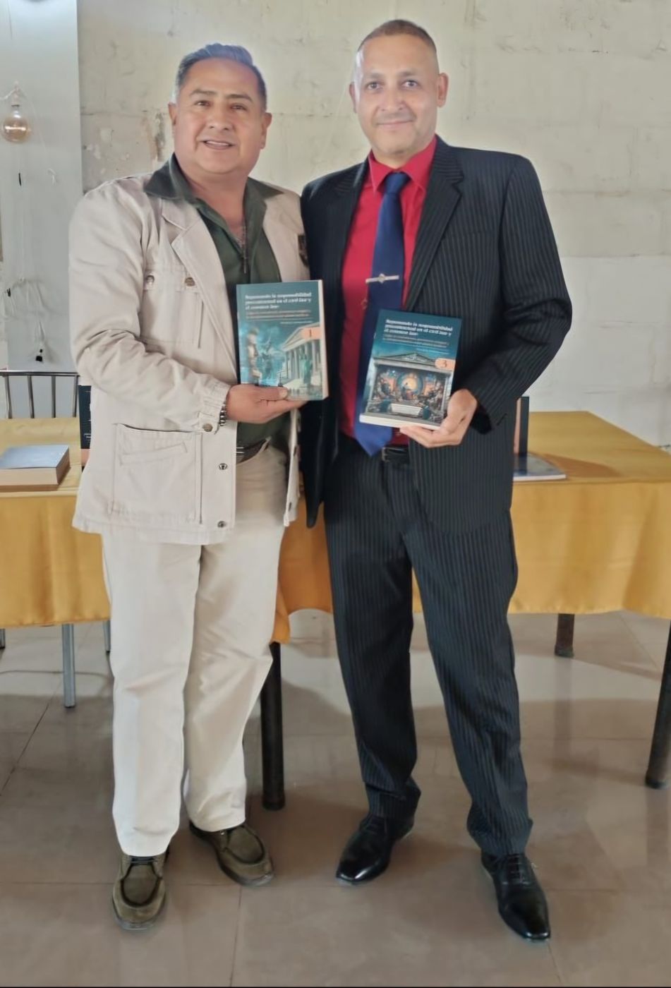 With a guest, book in hand