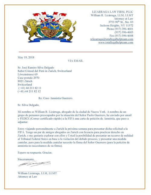 Letter to the Consul of Peru in Zurich, José Ramiro Silva Delgado