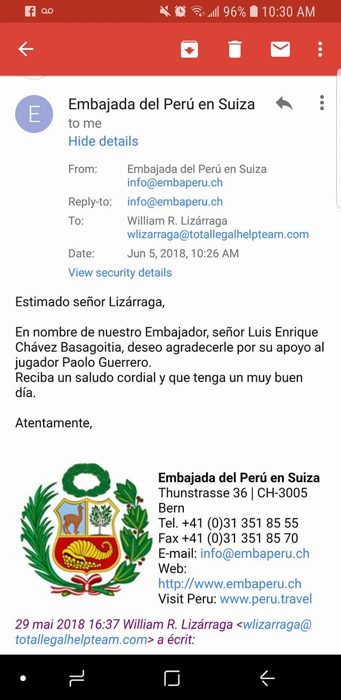 Thank-you from the Embassy of Peru in Switzerland